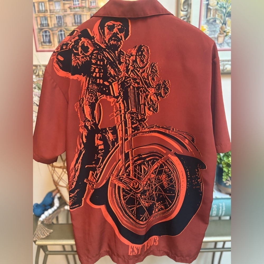 HARLEY-DAVIDSON ORANGE & BLACK Y2K BUTTON UP DUAL GRAPHIC PRINT SHIRT SIZE MED